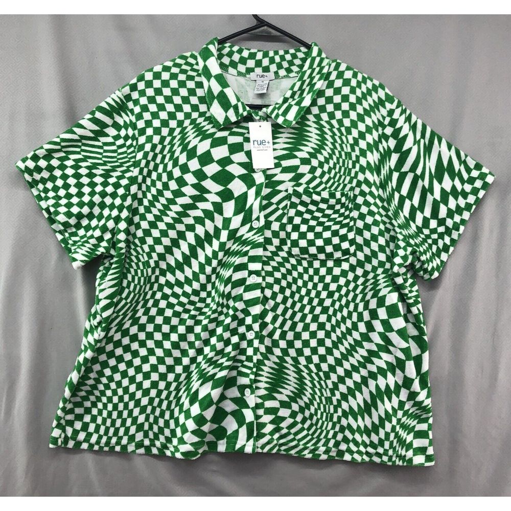 New Green White Checkered Short Sleeve Button Up Shirt Size 3X Women Rue 21